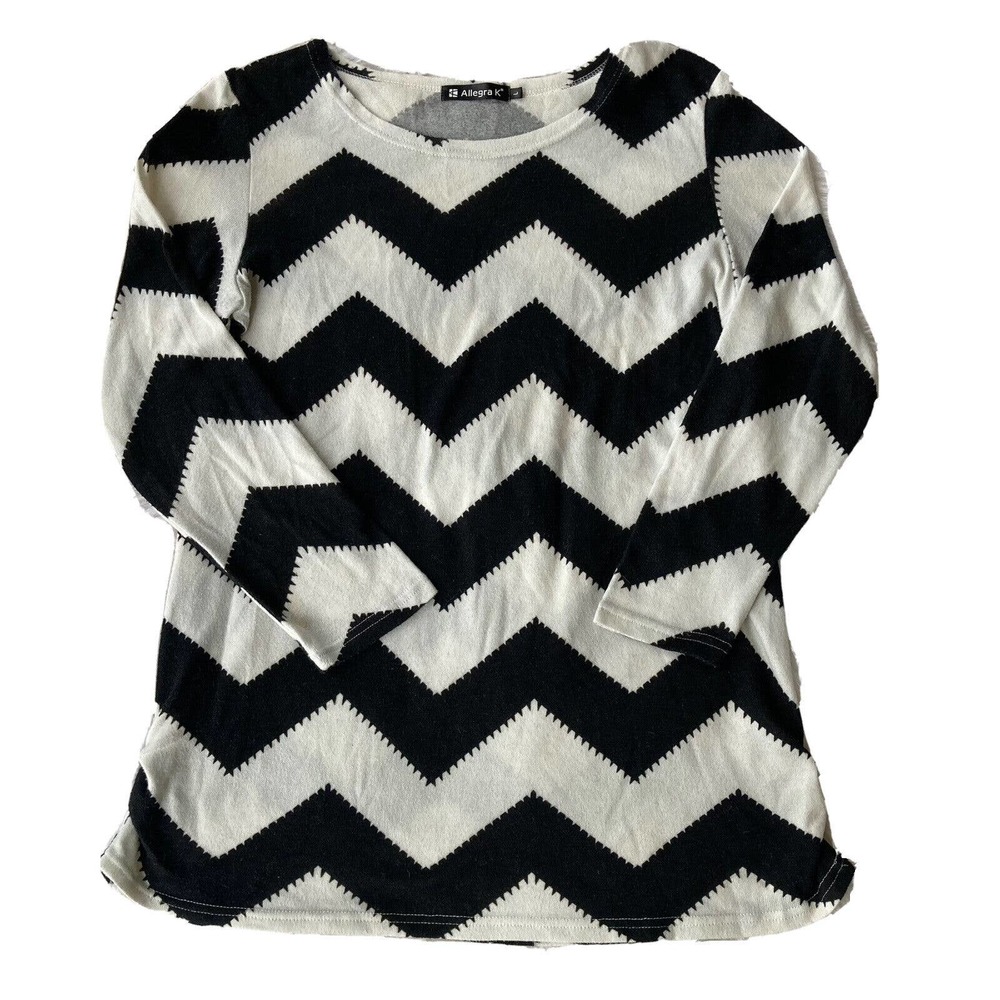 Allegra K Knit Top Sz L Black White Chevron Print Long Sleeve Casual Autumn Work